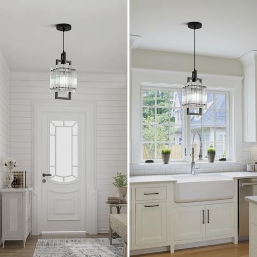 Modern Pendant Light Fixtures with Clear Glass Matte Black Pendant Lights Kitchen Island Adjustable Square Hanging Pendant Lighting for Dining Room Over Sink Hallway 2 Pack 12 inches (2 Count)