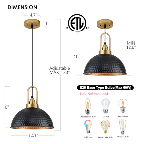 Black Pendant Lights Kitchen Island Industrial Adjustable Height Vintage Farmhouse Dome Hanging Light Fixtures for Barn (2 Count)