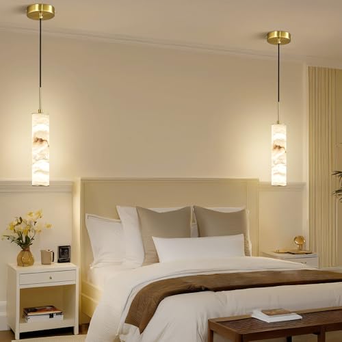 Natural Alabaster Pendant Lights for Kitchen Island White Marble Long Tube Chandelier Modern 4000K Gold Ceiling Light Fixtures for Bedroom Dining Room Table Living Room Hallway (2 Count)
