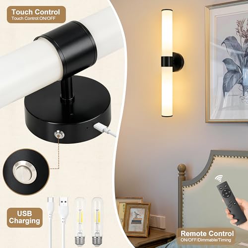 Black Battery Operated Wall Sconces Set of 2 with White Glass Lamp Shade