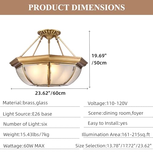 24 Inch Semi Flush Mount Brass Chandelier