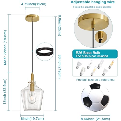 Seeded Glass Pendant Lighting for Kitchen Island Foyer 1 Pack Gold 8 Inch