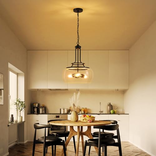 Chandelier Rustic Farmhouse Industrial Round Ceiling Pendant LED Light Fixture Clear Seeded Glass Shade for Dining Room Kitchen Island Foyer Entryway