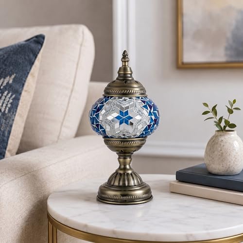Turkish Moroccan Table Lamp Lantern with Handmade Mosaic Glass Lampshade Tiffany Style Bohemian Stained Glass Decorative Desk Lamps Bedside Night Lights for Bedroom