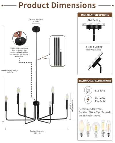 Black Chandelier for Dining Room, Modern 6-Light Farmhouse Chandeliers Lighting Fixture, Dimmable Industrial Pendant Lamps for Kitchen Island Living Room Bedroom Foyer Entryway