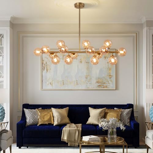 Modern Gold Chandelier Rectangle Pendant Light Ammber Globe Glass Sputnik Chandeliers Hanging Light Fixture 16