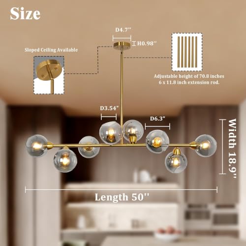Linear Chandeliers for Dining Room 8 Lights Gold Sputnik Island Light