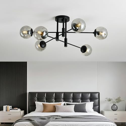6 Light Glass Globe Sputnik Light Fixture Modern Matte Black Chandelier Semi Flush Mount Ceiling lamp for Living Room Kitchen Dining Room Farmhouse Bedroom