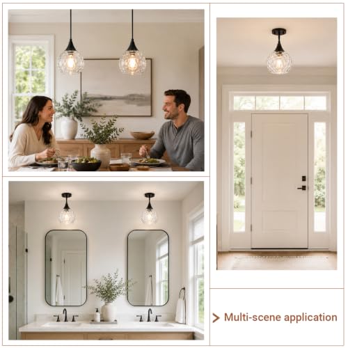 Modern Black Pendant Lights 2 Pack with Hammered Glass for Kitchen Sink (2 Count)