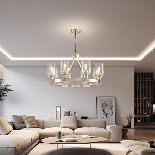 8 Light Modern Chandeliers for Dining Room Light Fixture Brushed Nickel Kitchen Chandelier Ceiling Hanging Pendant Lighting with Glass Shade for Living Room Entryway Adjustable Height E26