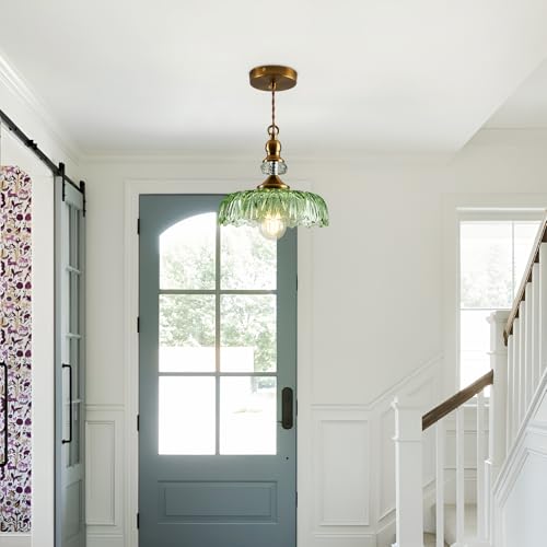 Vintage Glass Pendant Light Fixture Green Adjustable Chandelier Modern Gold Hanging Ceiling Light for Farmhouse Dining Room Living Room Bedroom Entryway Kitchen Island