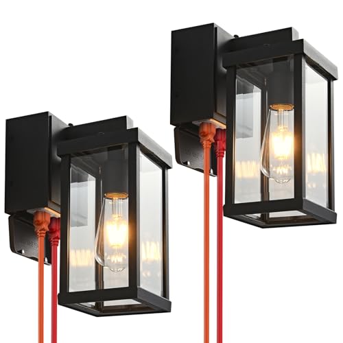 Porch Lights with GFCI Outlets Dusk to Dawn Outdoor Wall Lights Waterproof Exterior Lighting Fixtures Modern Outside Lights Wall Mount for House Patio Garage (2 Count)