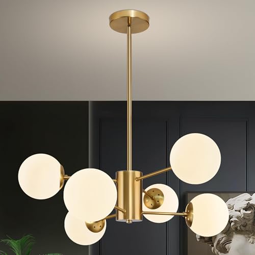 6 Light Globe Sputnik Chandelier Milk Glass Modern Gold Chandelier Light Fixture Mid Century Sputnik Chandeliers Pendant Light Frosted Globe Adjustable Hanging Ceiling Light for Entryway (6 Count)