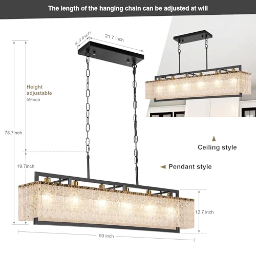 50" Black Crystal Ripple Glass Rectangle Pendant Chandelier 6