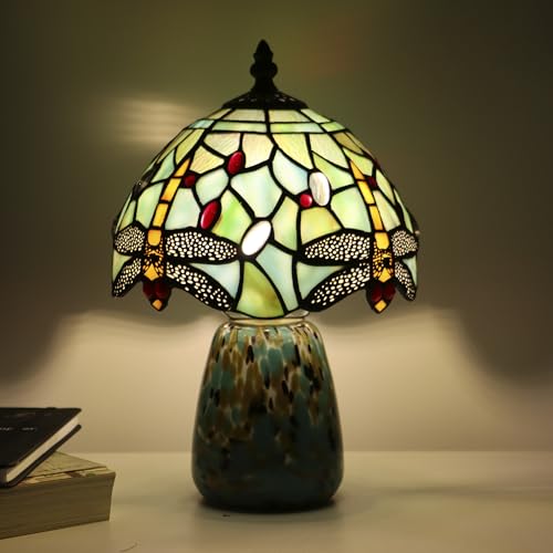 Tiffany Mushroom Table Lamp Dragonfly Style Blue Stained Glass Accent Lamp Brown Blue Glass Base 8X8X12 Inch
