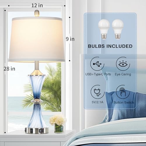 Blue Glass Table Lamp with USB C+A Ports & AC Outlet