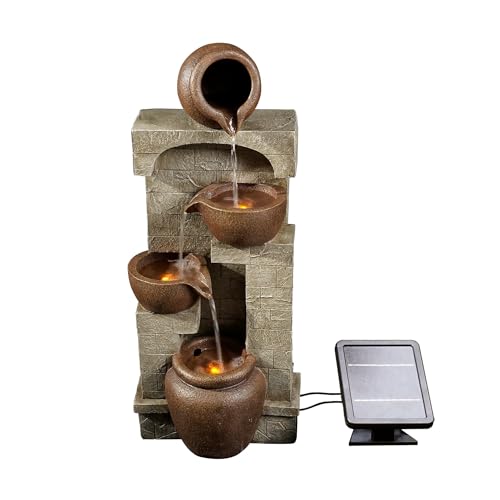 28 in. Cascading Bowls and Stacked Stones LED Outdoor Water Fountain for Outdoor Living Spaces to Create a Calming Oasis in Gardens and Landscaping