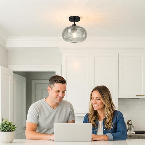Modern Semi Flush Mount Ceiling Light with Smoky Gray Glass Shade