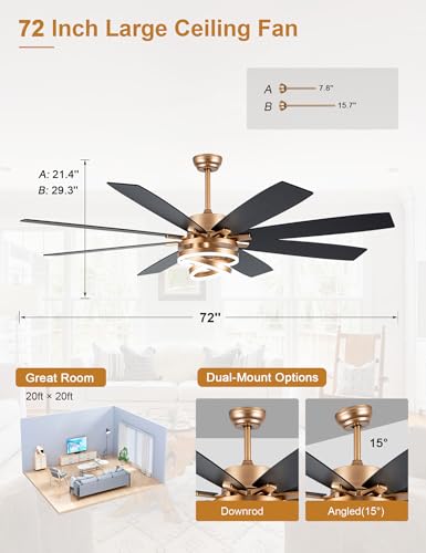 72 Inch Large Gold Modern Ceiling Fans with Lights