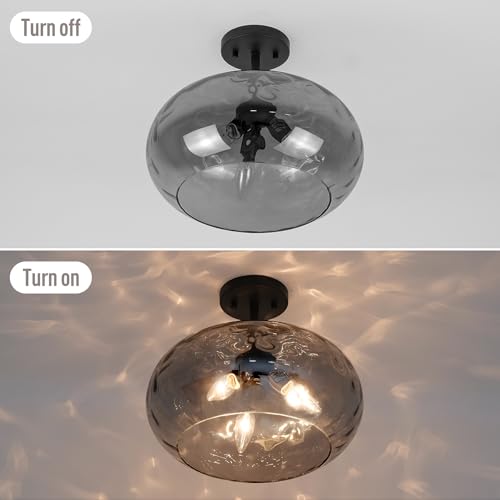 Matte Black Semi Flush Mount Ceiling Fixture Large Smoked Hammered Glass Shade Modern Close to Ceiling Light 14" Art Lampshade for Hallway Foyer Bedroom