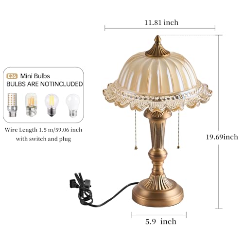 Glass Shade Table Lamp Vintage Metal Desk Lamp 2 Lights Table Light with Plug Switch for Bedroom Living Room Home Office Brass and Brown (2 Count)
