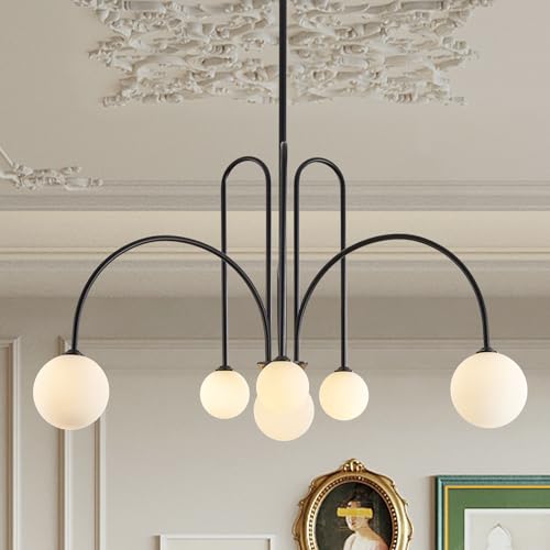 Modern 40" 6 Light Black Sputnik Chandelier with Milk Glass Globe