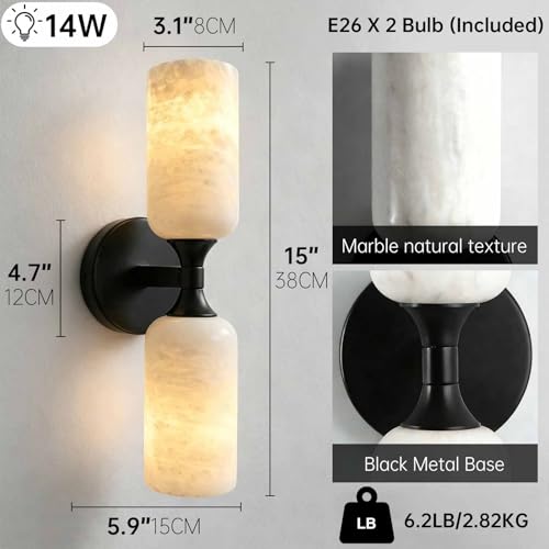 Natural Alabaster Wall Sconce 15in Marble Bathroom Vanity Sconce Black E26