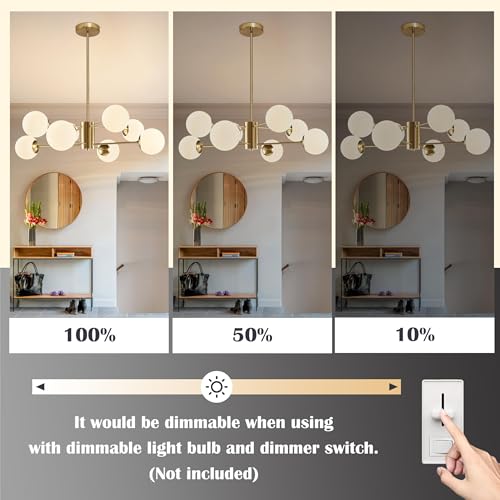 8 Light Globe Sputnik Chandelier Gold Mid Century Modern Light Fixture Brushed Brass Finished with White Frosted Globe Glass Lampshade Sputnik Chandeliers for Dining Room Kitchen Island Bedroom