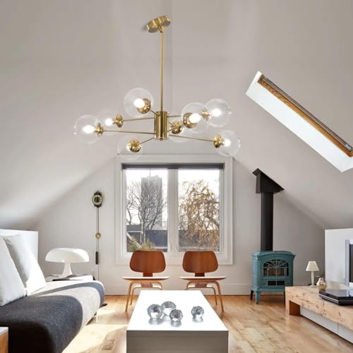 8 Light Modern Brass Gold Sputnik Chandelier with Clear Glass Globe