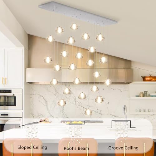 24 Lights Modern Rectangular Crystal Chandelier LED Raindrop Ceiling Pendant Light Crystal Lighting Fixture for Living Room Hotel Staircase Hallway Foyer Entryway Bedroom Silver