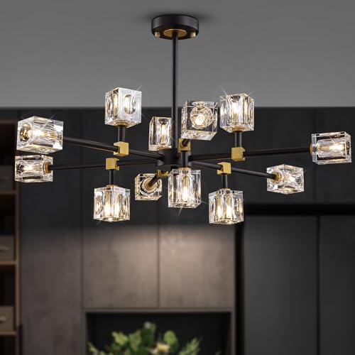 12 Light Black and Gold Crystal Sputnik Chandelier