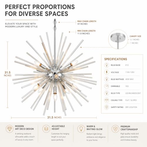 31.5" 12 Light Crystal Sputnik Chandelier Modern Adjustable Firework Globe High Ceiling Fixture for Living Room