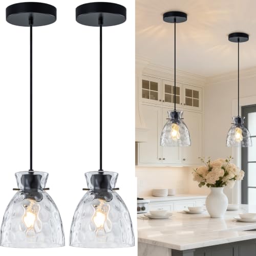 6" Mini Hammered Glass Black Pendant Lights Kitchen Island Lighting 2 Pack (2 Count)