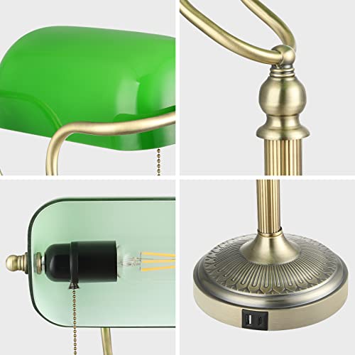 Green Glass Bankers Desk Lamp with USB Fast Charging Port