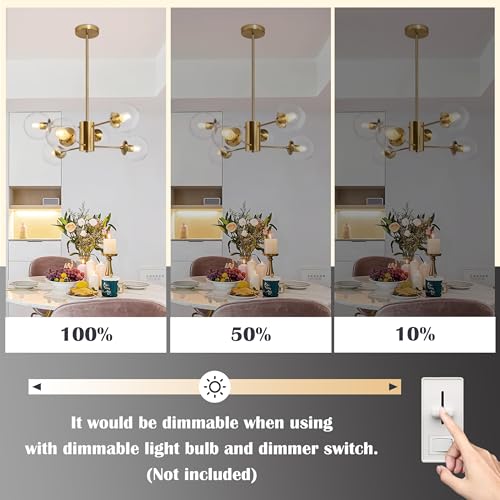 6 Light Globe Sputnik Chandelier Modern Gold Sputnik Chandelier Mid Century Pendant Light Brushed Brass Finished with Clear Globe Glass Lampshade Chandeliers for Dining Room Kitchen