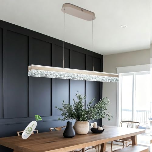 Modern Chandelier Gold Led Crystal Linear Pendant Lights Kitchen Island Lighting Minimalist Dimmable Ceiling Hanging Light Fixture Dining Room with Remote Control