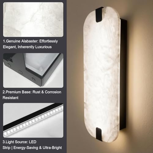 15.75" 1PCS Natural Marble Alabaster Wall Sconce Modern Hardwired Wall Light Fixture for Bedroom Marble Wall Sconce Natural Stone Material Wall Lamp for Stairs Suitable for Indoor Installation