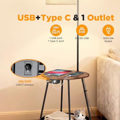 Floor Lamp with Table (Rustic Brown-With Charging Station)
