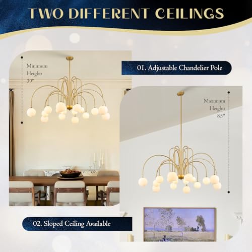 Gold Sputnik Chandelier with Milk Glass Globe 18 Lights L59 Inch
