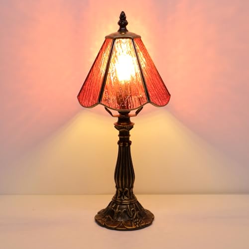 Small Tiffany Table Lamp Pink Bark Pattern Style Stained Glass Desk Lamps 6X6X14 Inch Bronze Resin Base Antique Mini Accent Light