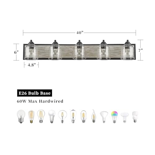 5 Light Bathroom Vanity Lights Large 40"with Bubble Glass Shade
