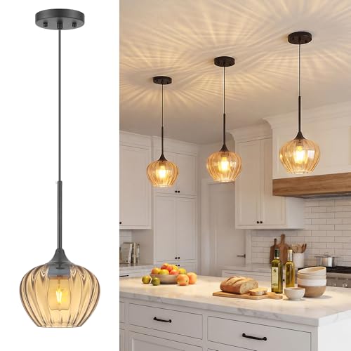 Amber Glass Pendant Lights Kitchen Island with Black Finish