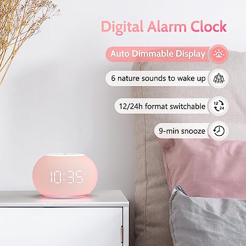 Auto Dimmable Sound Machine Alarm Clock with Night Light for Girls
