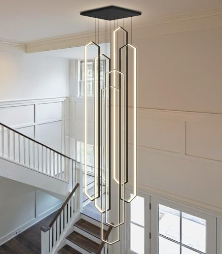 6 Rings Large Chandelier for Staircase Modern High Ceiling Chandelier LED Dimmable Chandeliers for Foyer Staircase Enterway Living Room Villa Black (6 Count)