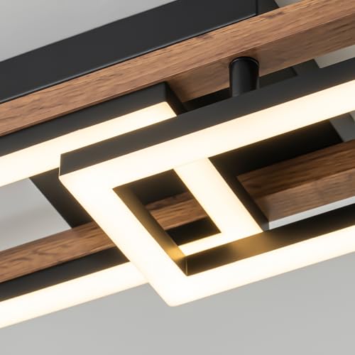 27.5" LED Modern Ceiling Lights Wooden Square Rectangular Lamp Fixture Wood