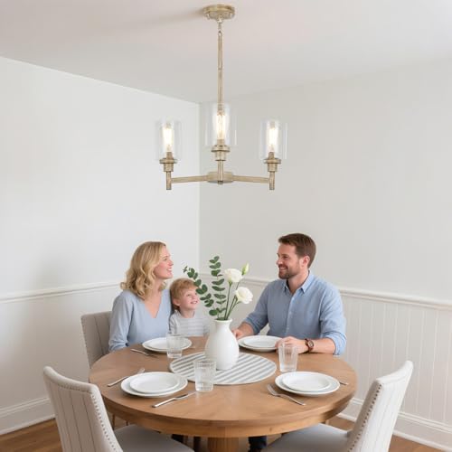 3 Light Fake Wood Rustic Chandeliers for Dining Room with Clear Glass Cover