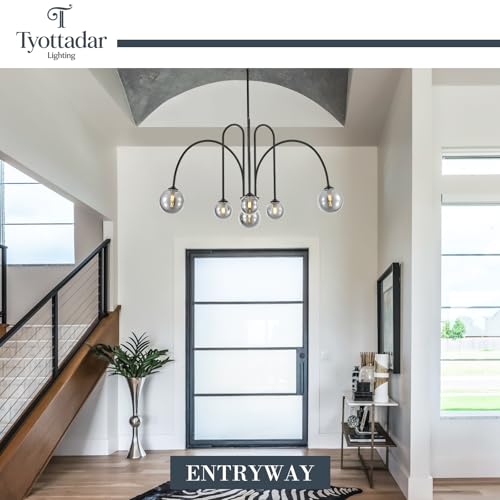 6 Light Modern Sputnik Chandelier L41’’ Black Mid Century Pendant Chandelier with Smoked Glass Shades Contemporary Large Pendant Light Fixture for Foyer Bedroom Staircase Living Room Kitchen
