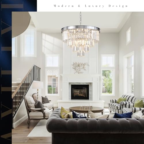Modern Chrome Crystal Chandelier 24” Dining Room Pendant Light Fixture