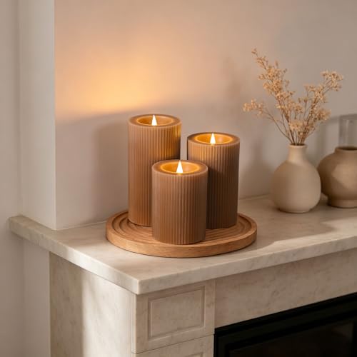 Brown Ribbed Moving Flame Flameless Pillar Candles with Remote (Warm Brown)