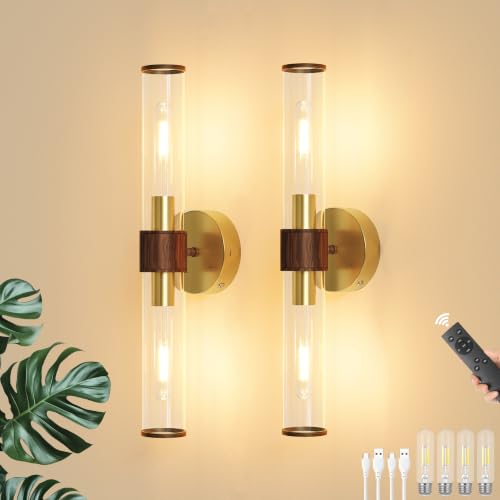 Gold Walnut Battery Operated Wall Sconces Set of 2